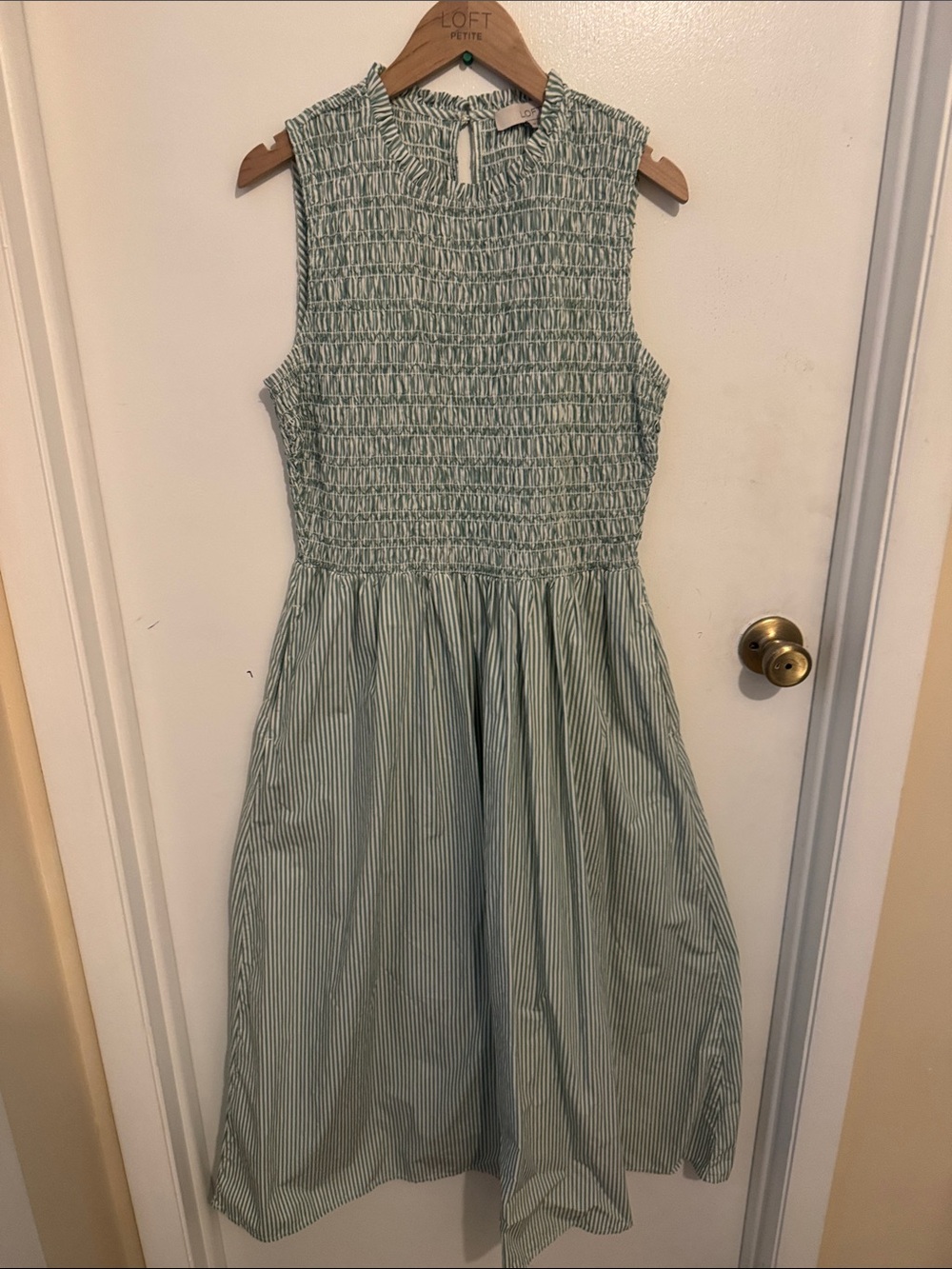 LOFT Sage and White Striped Smocked Midi Dress - M petite